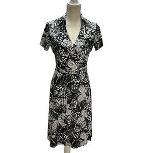Brooks Brothers Black-White Knit Jersey Butterfly‎ Print Wrap Dress Size …